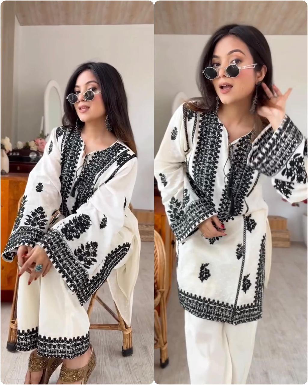 White Rayon Butti Silk Embroidered Top Bottom Set