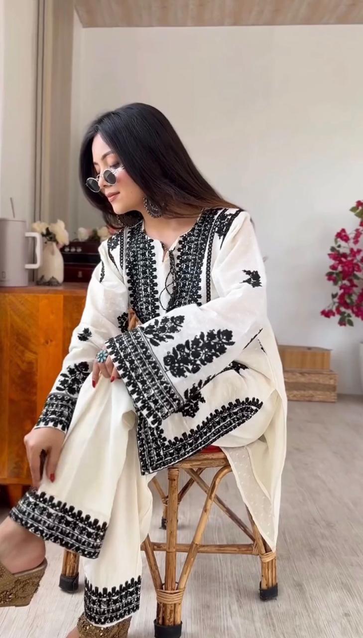 White Rayon Butti Silk Embroidered Top Bottom Set