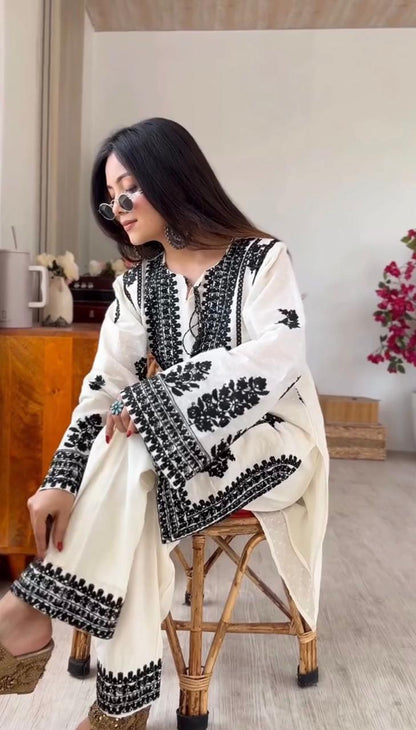 White Rayon Butti Silk Embroidered Top Bottom Set