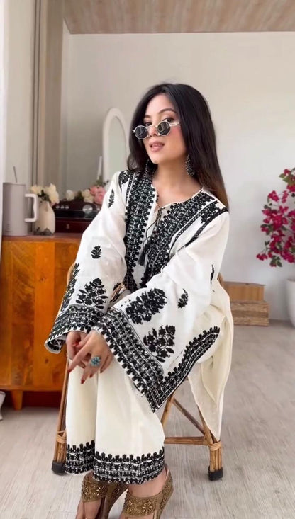 White Rayon Butti Silk Embroidered Top Bottom Set