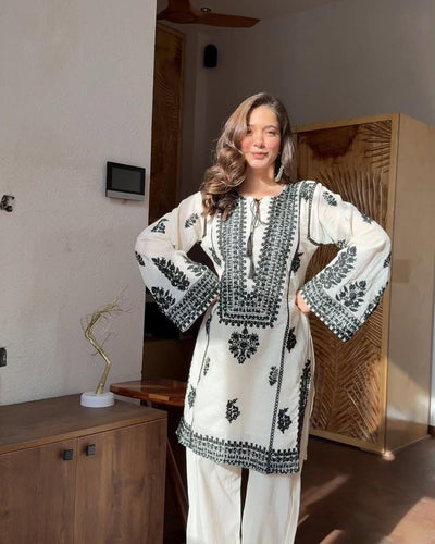 White Rayon Butti Silk Embroidered Top Bottom Set