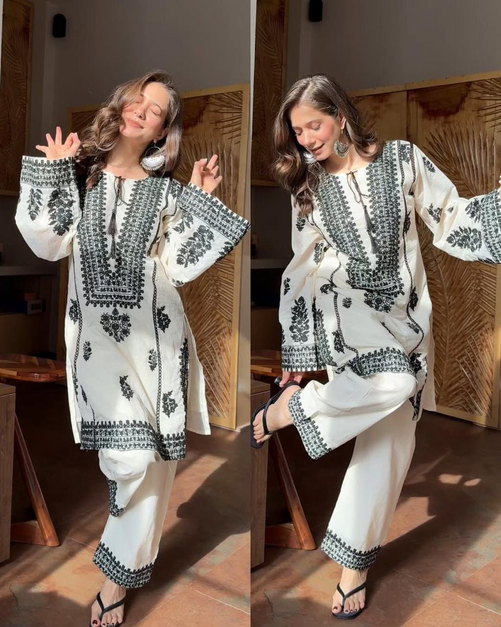 White Rayon Butti Silk Embroidered Top Bottom Set