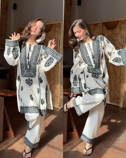 White Rayon Butti Silk Embroidered Top Bottom Set