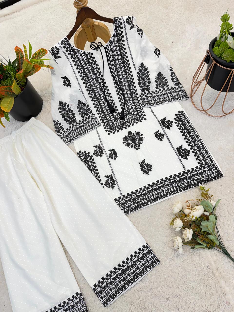 White Rayon Butti Silk Embroidered Top Bottom Set
