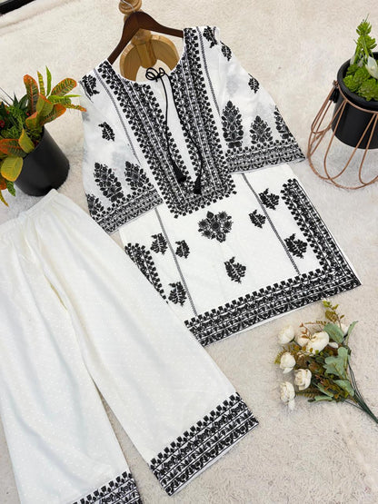 White Rayon Butti Silk Embroidered Top Bottom Set
