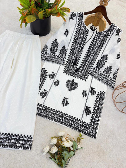 White Rayon Butti Silk Embroidered Top Bottom Set