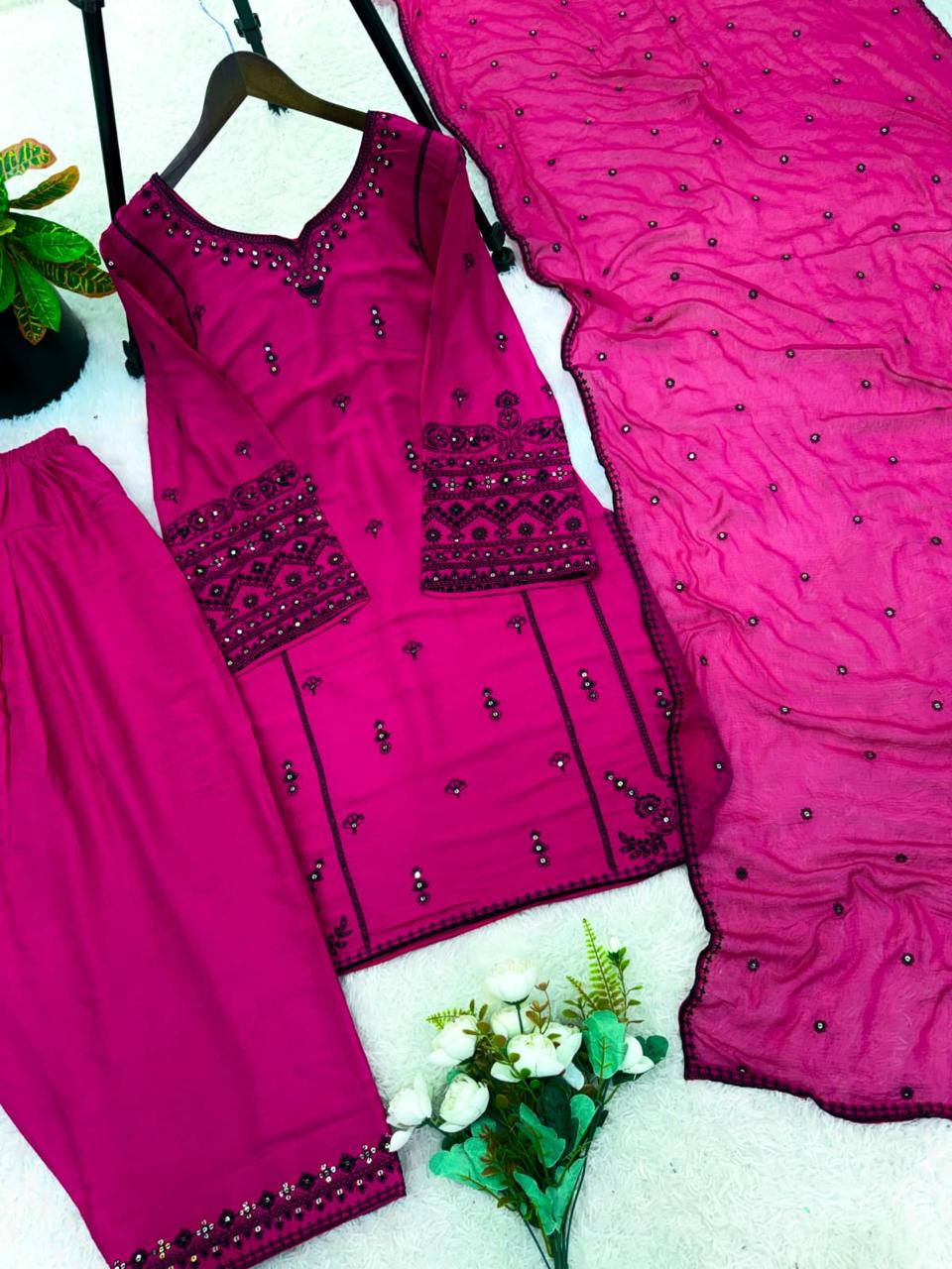 Deep Pink Embroidered Rayon Cotton Farshi Pant Suit Set (Limited Stock)