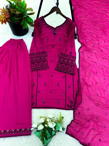 Deep Pink Embroidered Rayon Cotton Farshi Pant Suit Set (Limited Stock)