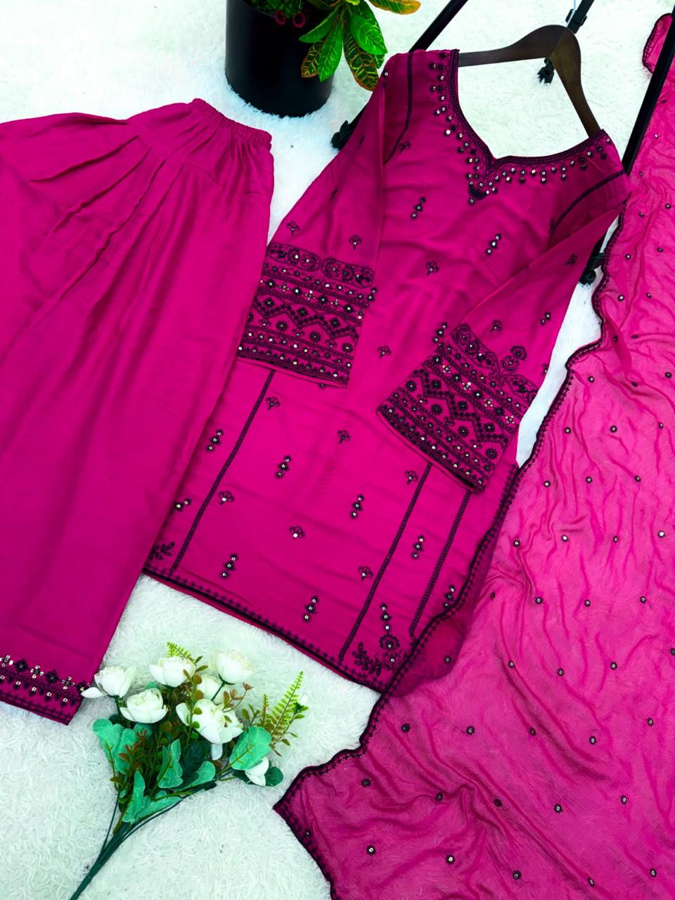 Deep Pink Embroidered Rayon Cotton Farshi Pant Suit Set (Limited Stock)