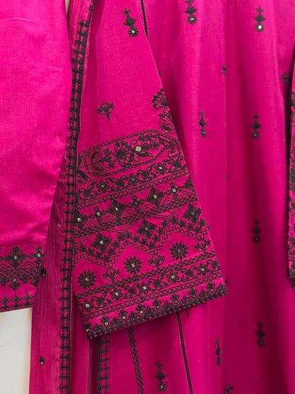 Deep Pink Embroidered Rayon Cotton Farshi Pant Suit Set (Limited Stock)