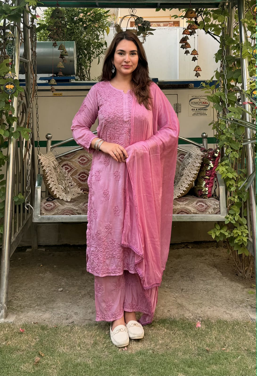 Dusty pink 3D Lucknow Chikankari Modal Kurta Palazzo & Dupatta Set