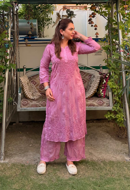 Dusty pink 3D Lucknow Chikankari Modal Kurta Palazzo & Dupatta Set