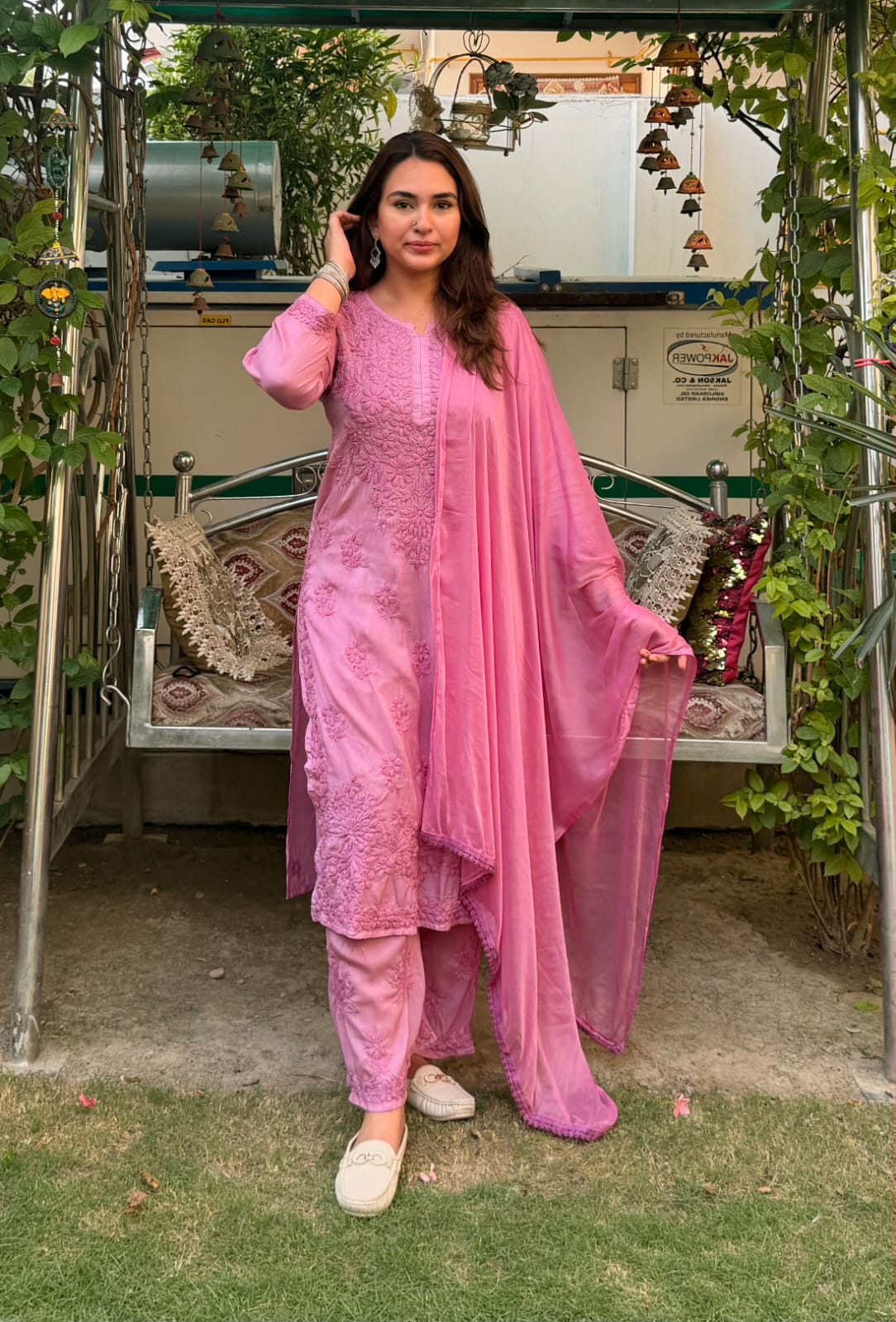 Dusty pink 3D Lucknow Chikankari Modal Kurta Palazzo & Dupatta Set