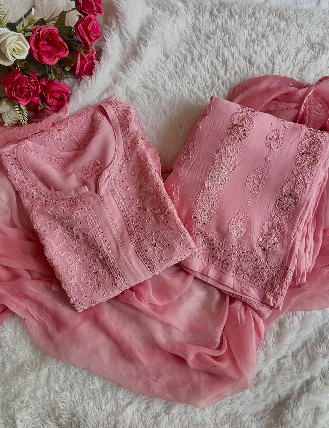 Pure Viscose Pastel Pink Full Jaal Mukaish Kurta Set (NEW)