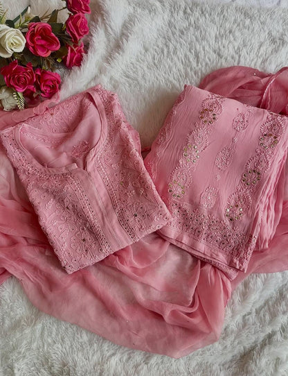 Pure Viscose Pastel Pink Full Jaal Mukaish Kurta Set (NEW)