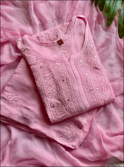 Pure Viscose Pastel Pink Full Jaal Mukaish Kurta Set (NEW)