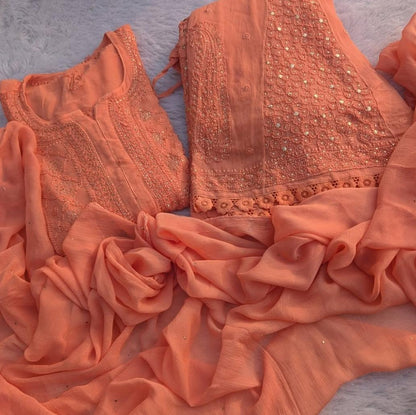 Pure Viscose Orange Full Jaal Mukaish Kurta Set (NEW)