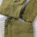 Pure Viscose Olive Green Full Jaal Mukaish Kurta Set (NEW)
