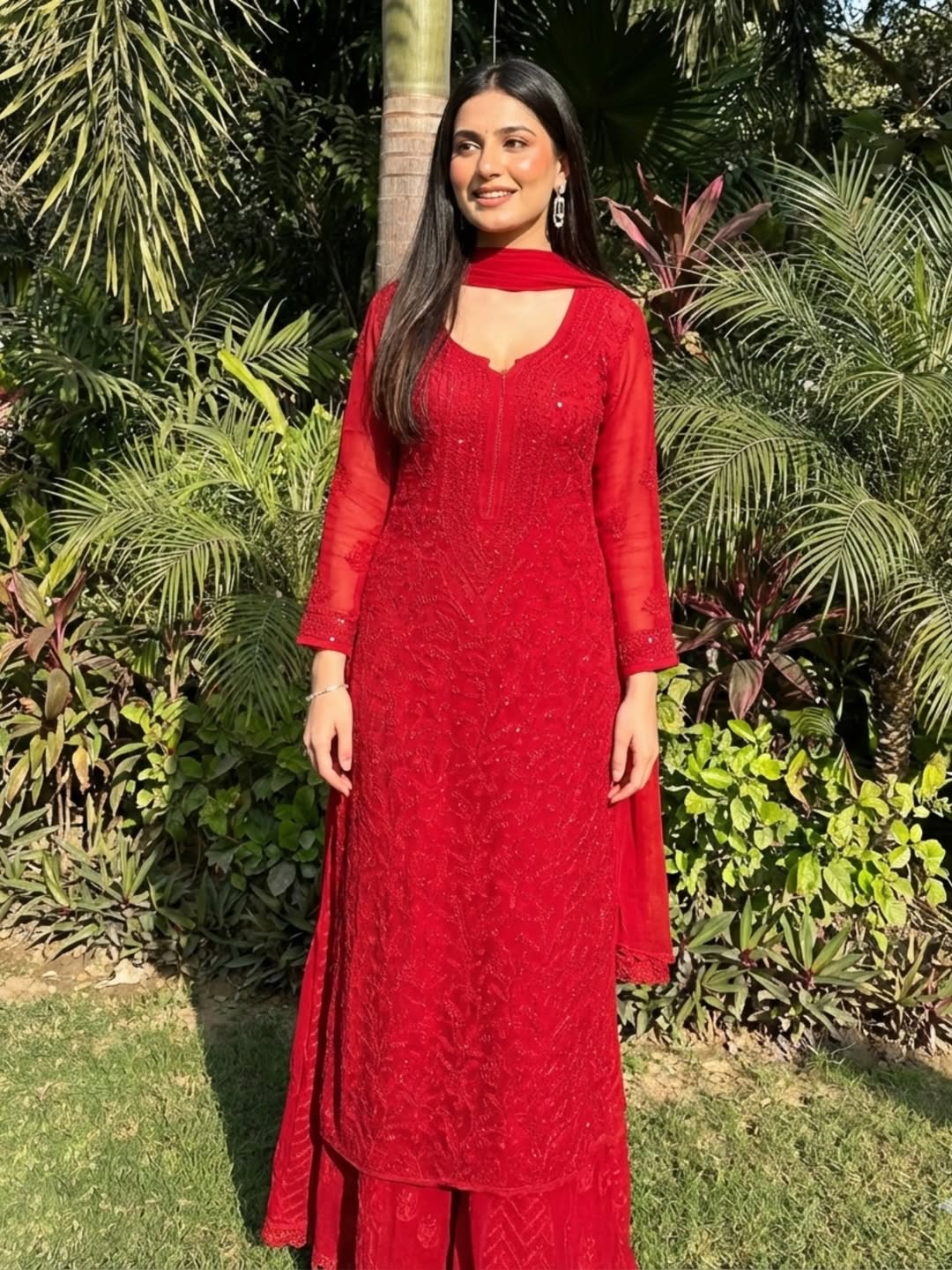 Pure Viscose Red Full Jaal Mukaish Kurta Set (NEW)
