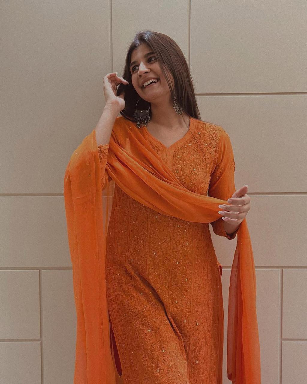Pure Viscose Orange Full Jaal Mukaish Kurta Set (NEW)