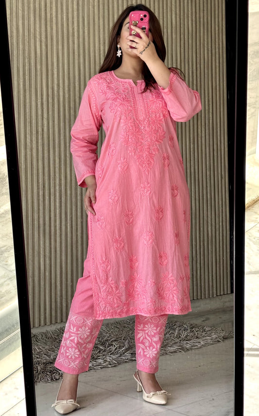 Pink Lucknowi Chikankari Heavy Work Cotton Kurti & Pant Co-ord Set