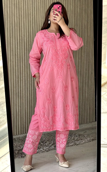 Pink Lucknowi Chikankari Heavy Work Cotton Kurti & Pant Co-ord Set