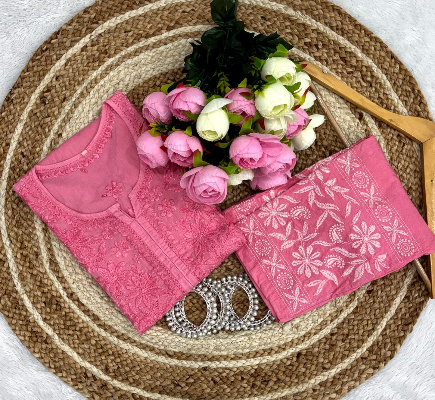 Pink Lucknowi Chikankari Heavy Work Cotton Kurti & Pant Co-ord Set
