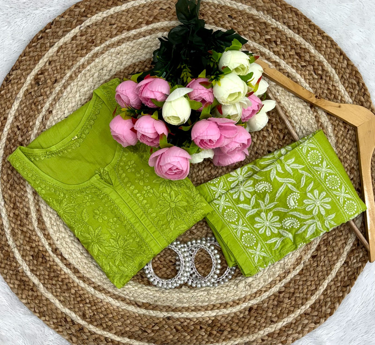 Lime Green Lucknowi Chikankari Heavy Work Cotton Kurti & Pant Co-ord Set