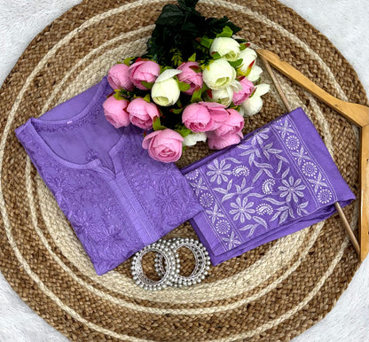 Purple Lucknowi Chikankari Heavy Work Cotton Kurti & Pant Co-ord Set