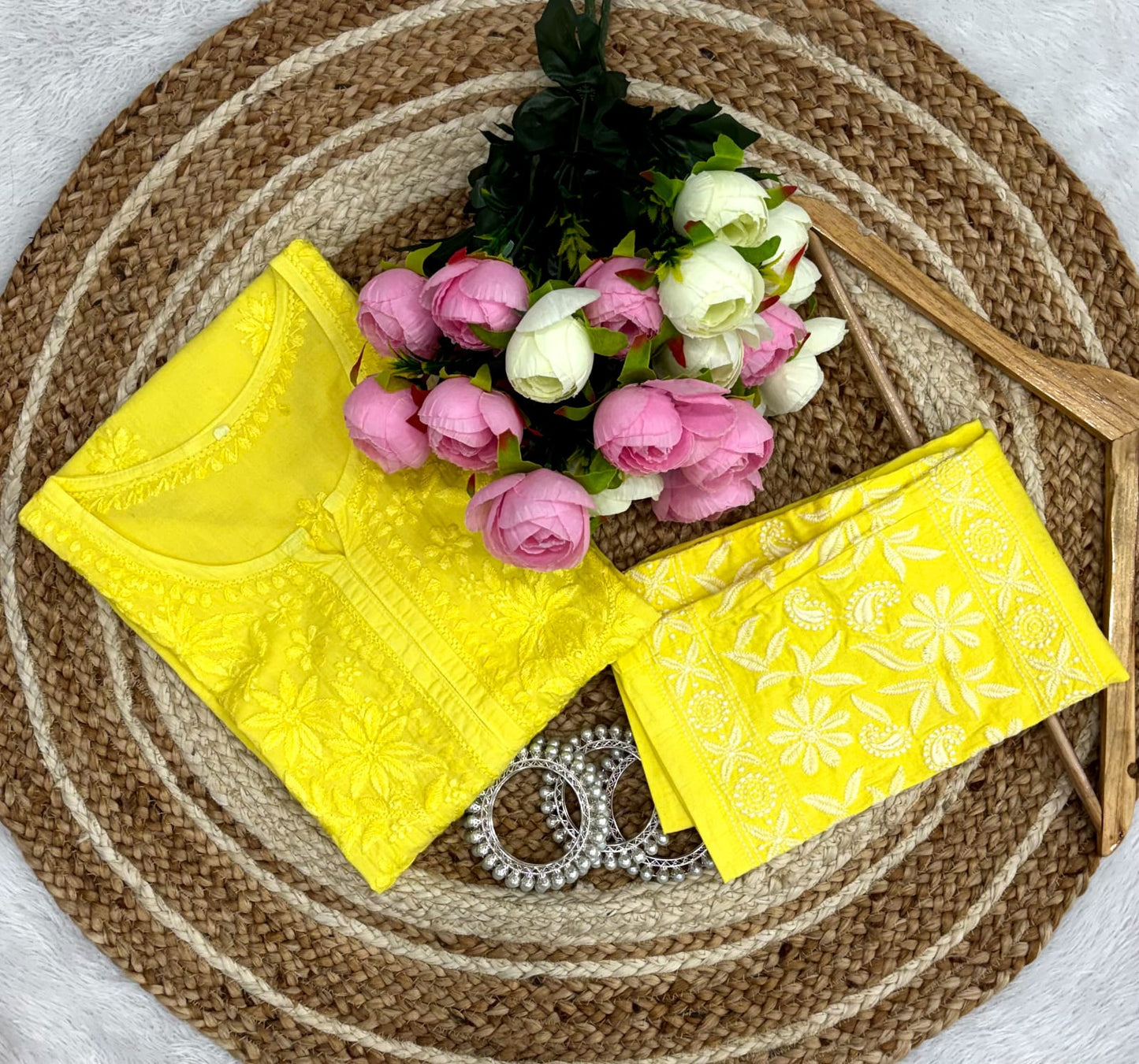 Yellow Lucknowi Chikankari Heavy Work Cotton Kurti & Pant Co-ord Set