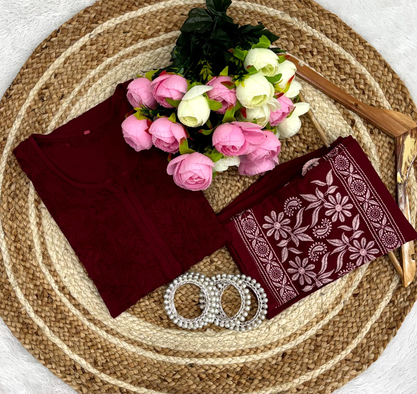Maroon Lucknowi Chikankari Heavy Work Cotton Kurti & Pant Co-ord Set