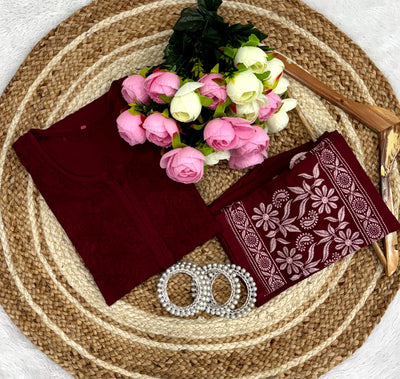 Maroon Lucknowi Chikankari Heavy Work Cotton Kurti & Pant Co-ord Set
