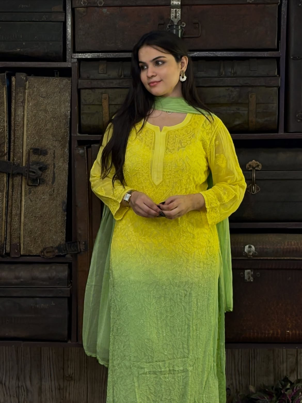 Lemon Green and Yellow Chikankari Resham Work Viscose 3-Piece Set (Latest)