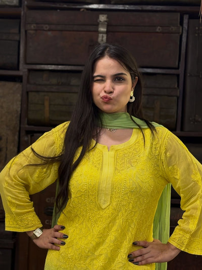 Lemon Green and Yellow Chikankari Resham Work Viscose 3-Piece Set (Latest)