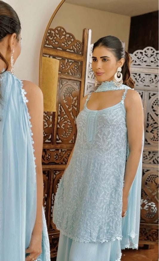 Premium Sky Blue Resham Viscose Lucknow Chikankari Kurta Set with Dupatta