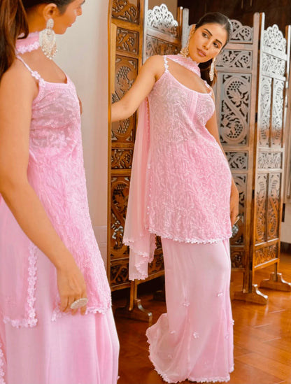 Premium Blush Pink Resham Viscose Lucknow Chikankari Kurta Set with Dupatta