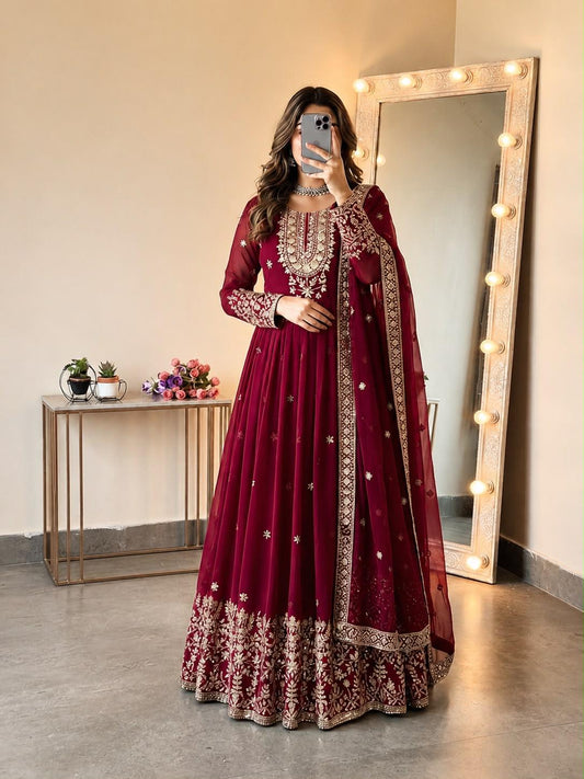 Maroon Embroidered Georgette Gown Set with Dupatta