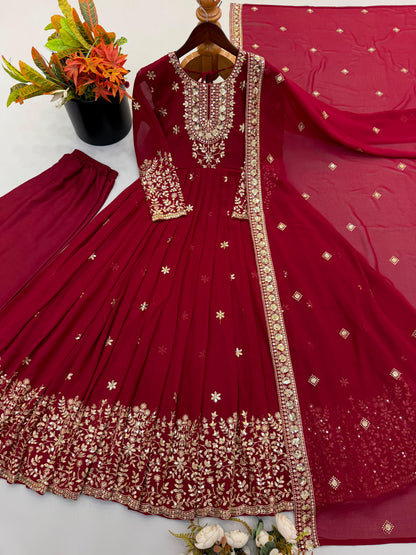 Maroon Embroidered Georgette Gown Set with Dupatta