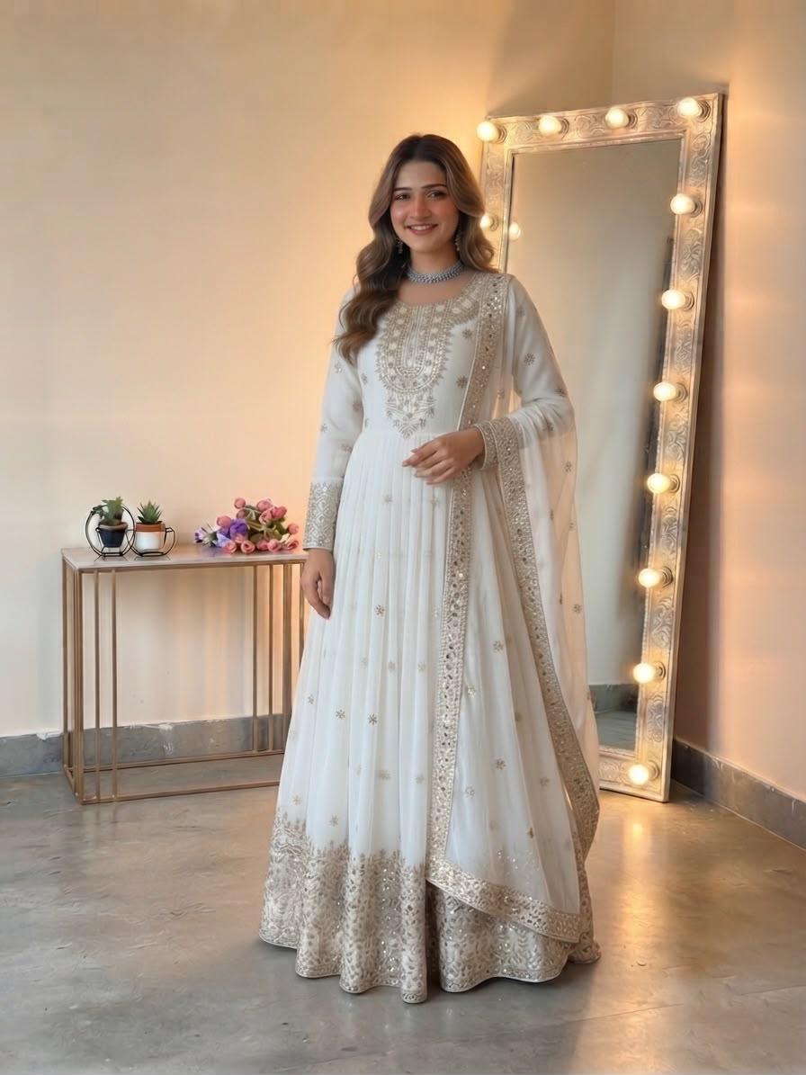 Elegant White Embroidered Georgette Gown Set with Dupatta