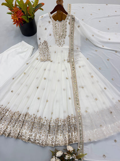 Elegant White Embroidered Georgette Gown Set with Dupatta