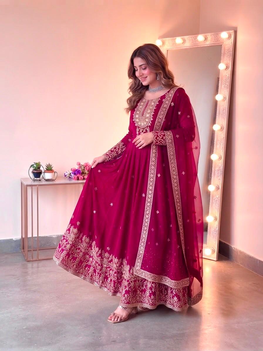 Rani Pink Embroidered Georgette Gown Set with Dupatta