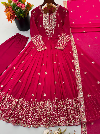 Rani Pink Embroidered Georgette Gown Set with Dupatta