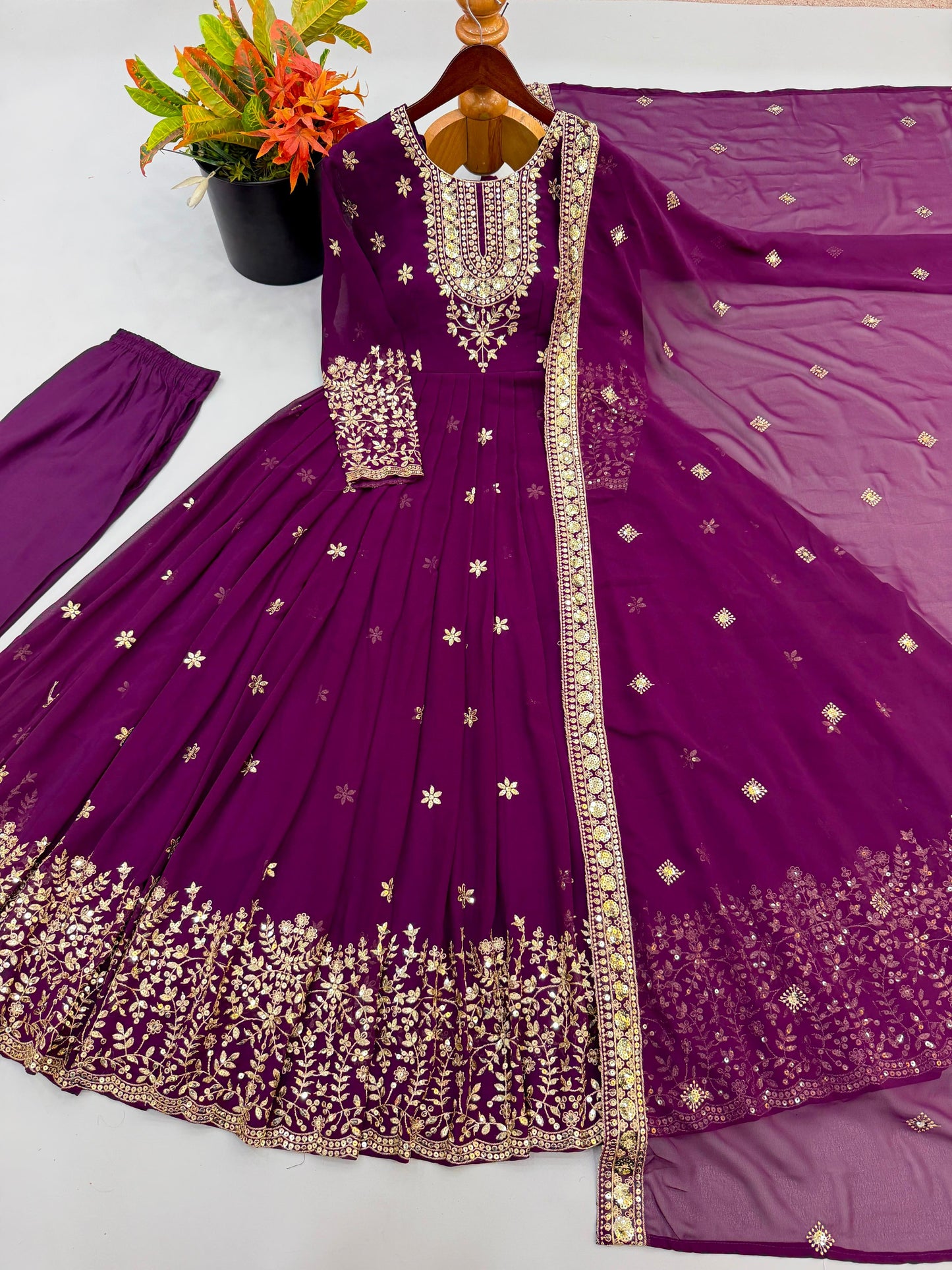 Wine Color Embroidered Georgette Gown Set with Dupatta