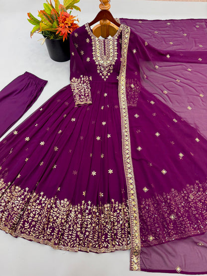 Wine Color Embroidered Georgette Gown Set with Dupatta