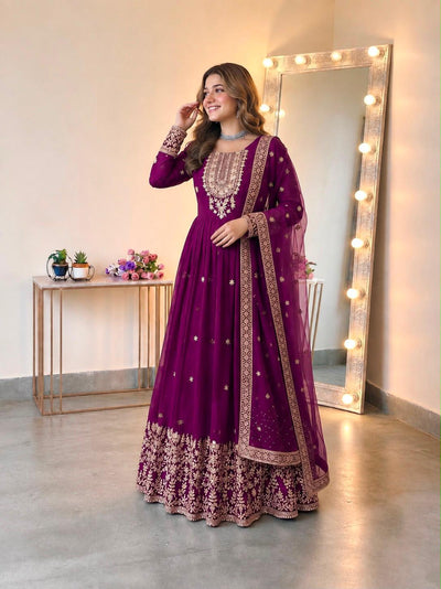 Wine Color Embroidered Georgette Gown Set with Dupatta
