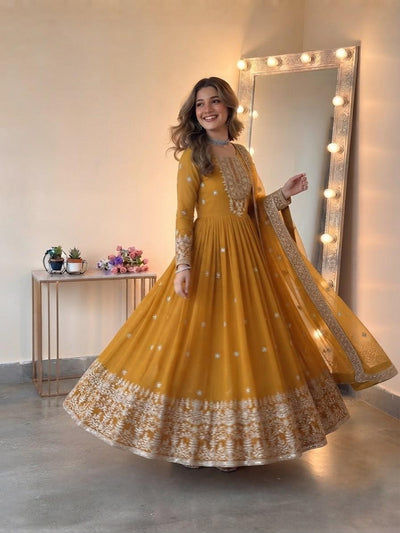 Mustard Yellow Embroidered Georgette Gown Set with Dupatta