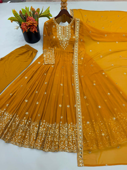 Mustard Yellow Embroidered Georgette Gown Set with Dupatta