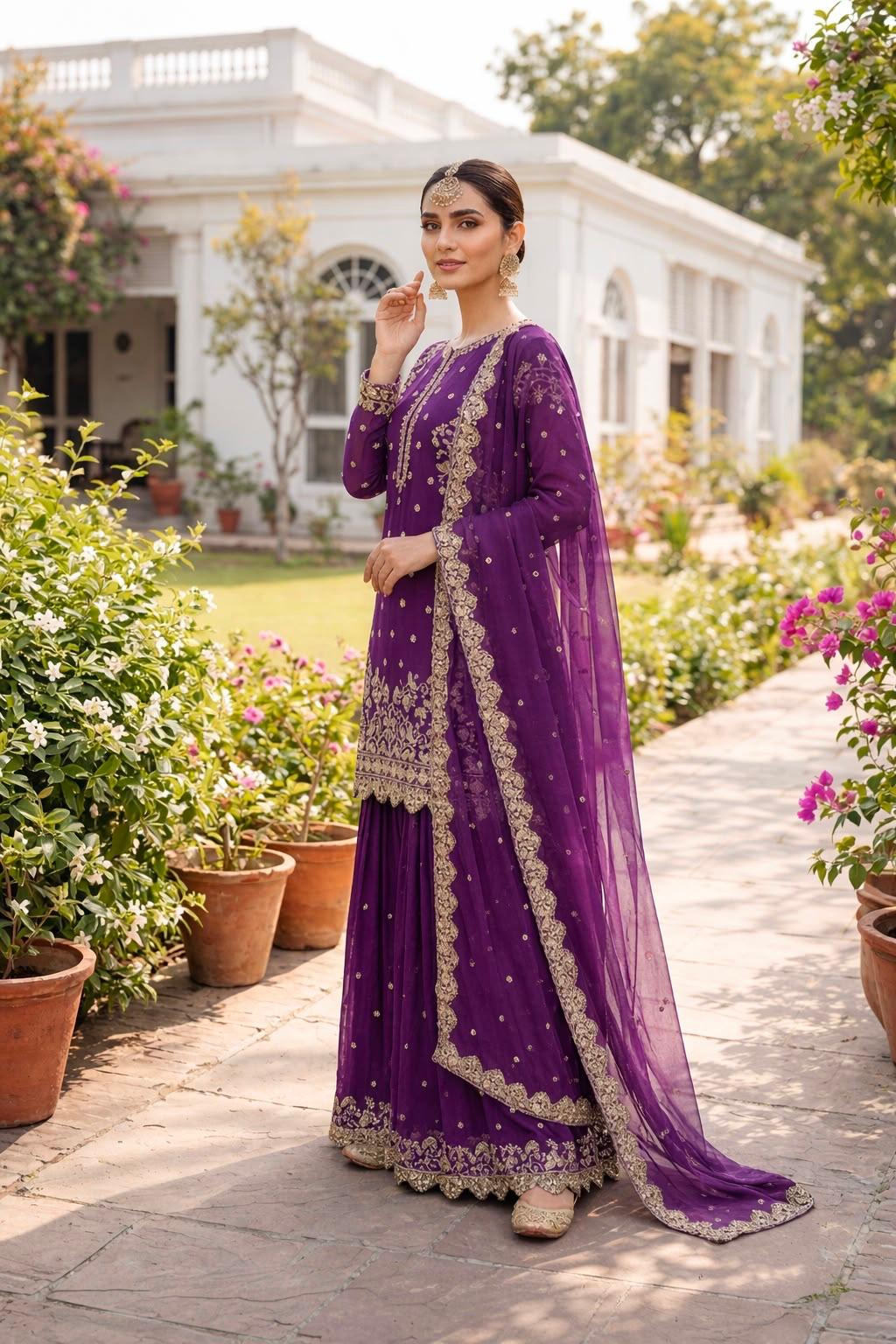 Purple Premium Embroidered Sequin Faux Georgette Palazzo Set with Dupatta
