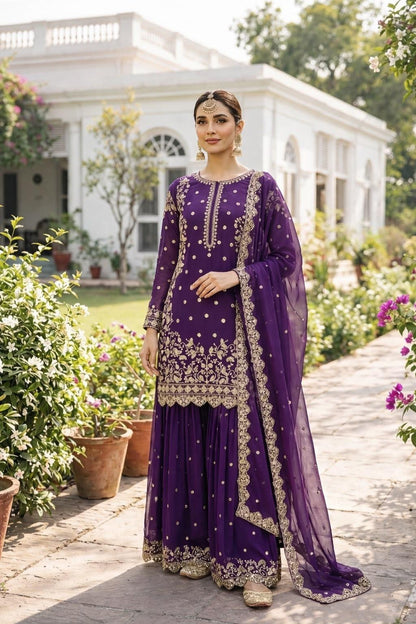 Purple Premium Embroidered Sequin Faux Georgette Palazzo Set with Dupatta
