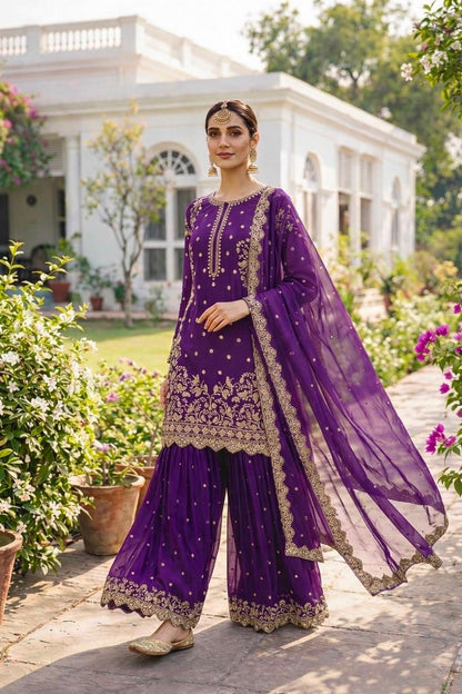 Purple Premium Embroidered Sequin Faux Georgette Palazzo Set with Dupatta